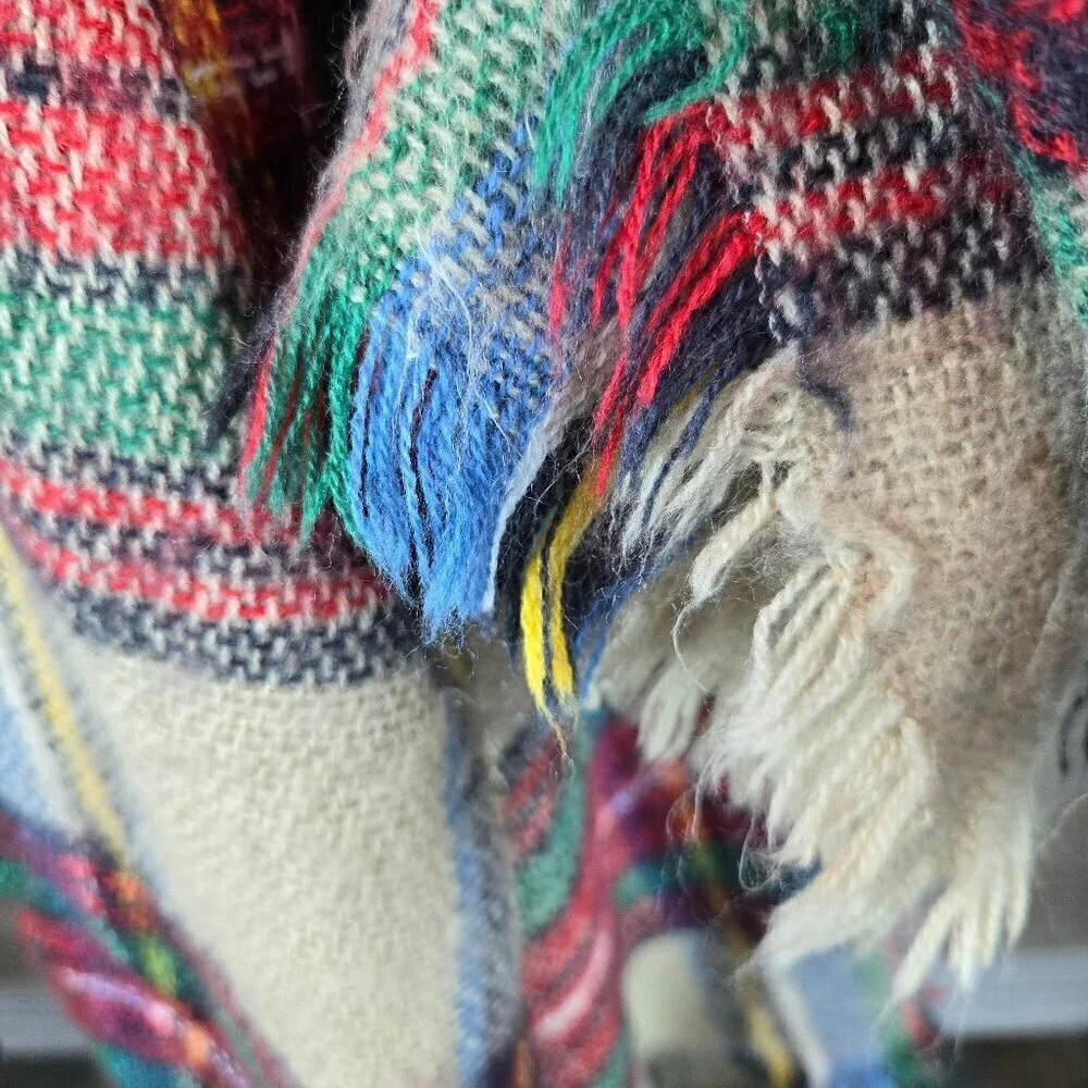 Large Square Plaid Blanket Scarf Red Green Cream Yellow Fringed Edges